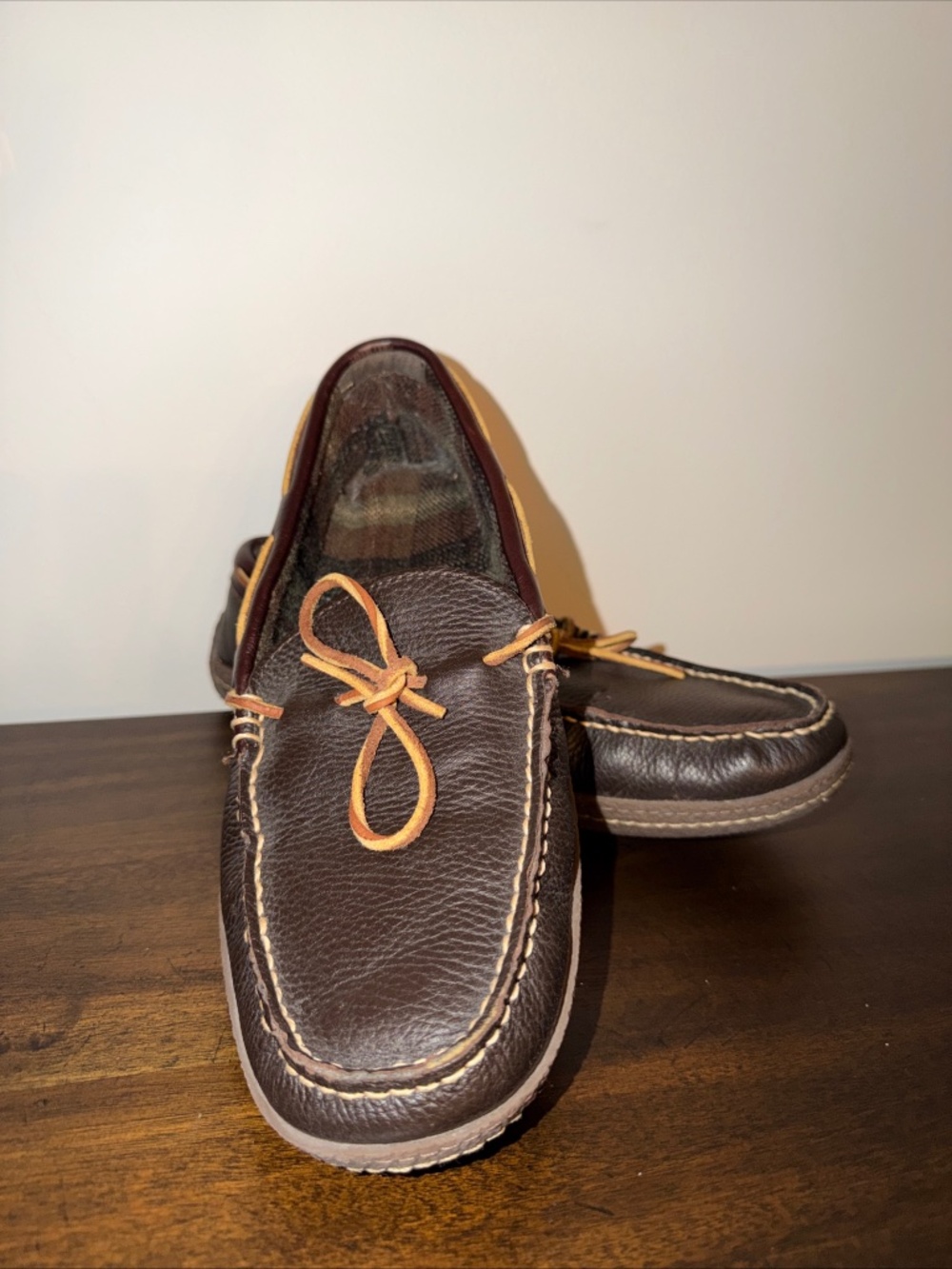 L.L. Bean Handsewn Flannel Lined Moccasin Slippers Men's Brown Leather - US 12